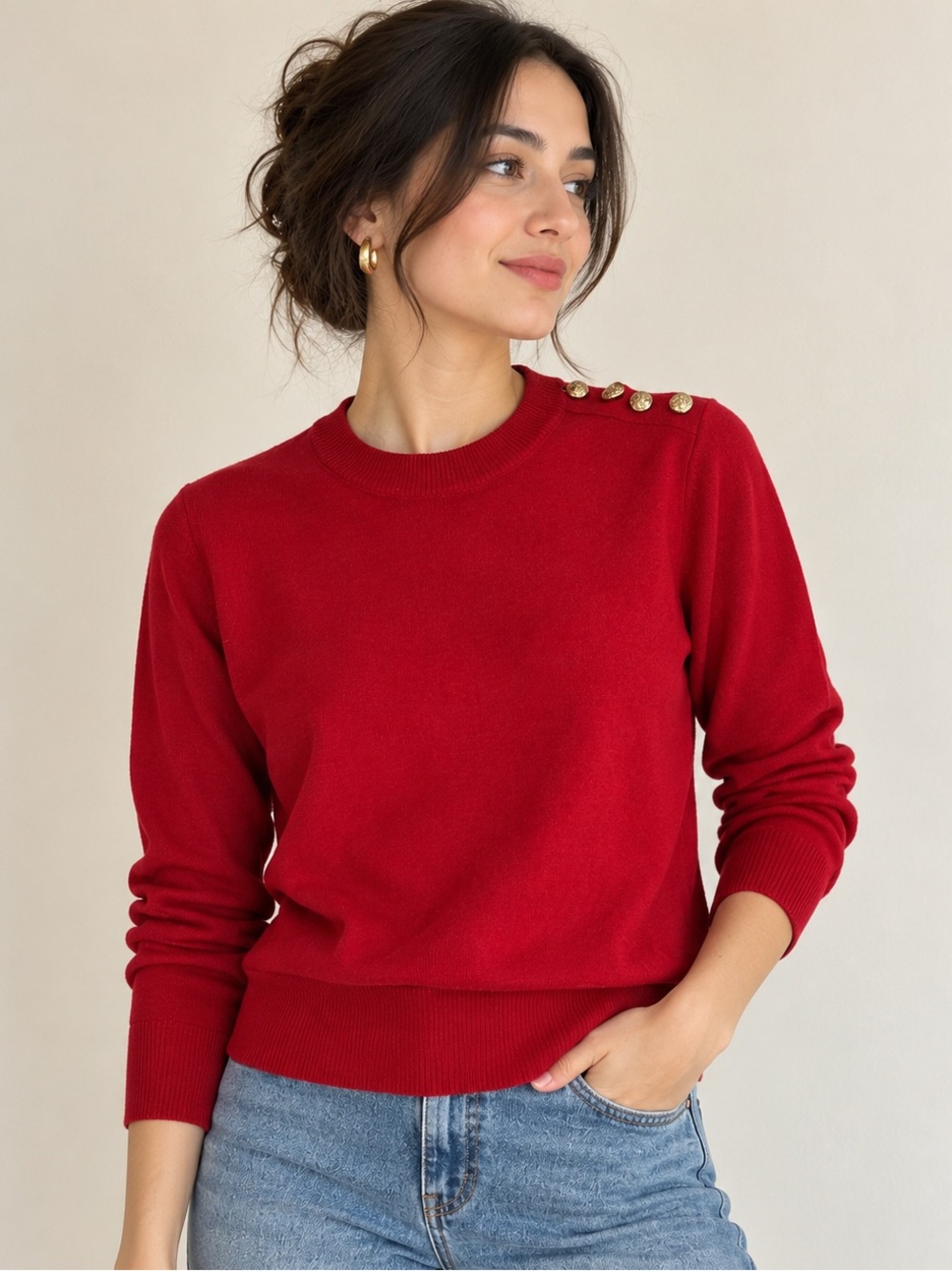Nina Charles for Kasper Petite Red Wool Blend Gold Button Sweater Size S
